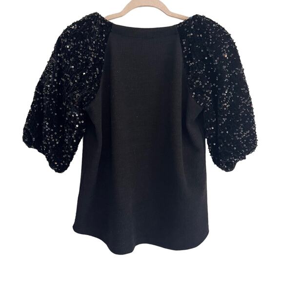 THML Black Knit Top SMALL Sequin Sleeve Sweater V Neck Chic Party Holiday Glam - Picture 3 of 8